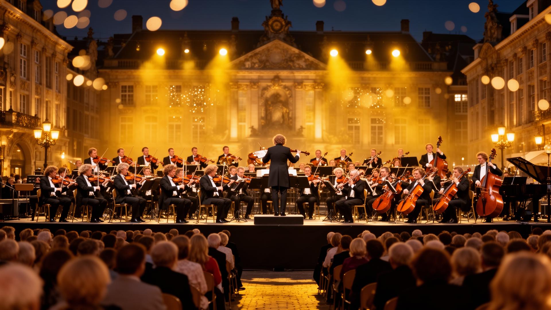 Concerto de orquestra à noite com luzes douradas